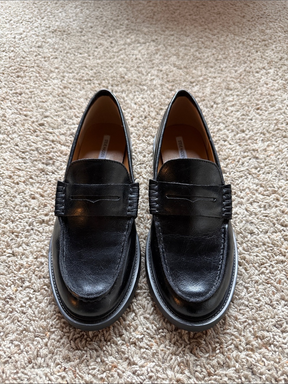 Steve Madden Black Leather Madison Penny Loafers, women’s Size 10